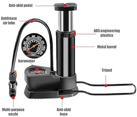MFP-100 PRO Foot Air Pump with Pressure Gauge – Portable Manual Tire Inflator with Multi-Valve Adapters for Car, Bike, Motorcycle, Balls & Inflatables