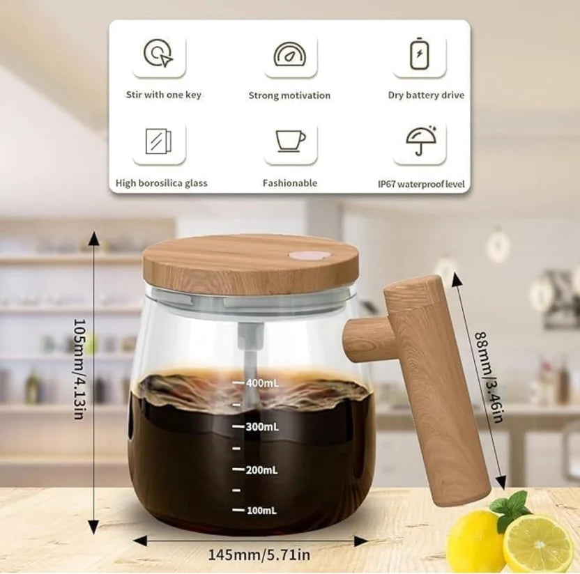 Electric Self-Stirring Mug 400ml – Automatic Mixing Coffee Cup with Lid & Handle, High Borosilicate Glass Mug for Coffee, Tea, Milk & Hot Drinks