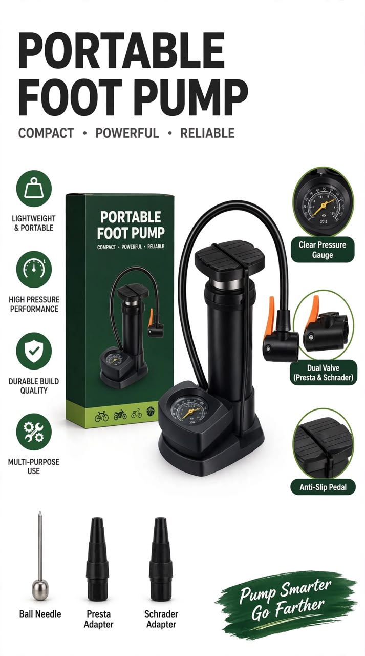MFP-100 PRO Foot Air Pump with Pressure Gauge – Portable Manual Tire Inflator with Multi-Valve Adapters for Car, Bike, Motorcycle, Balls & Inflatables