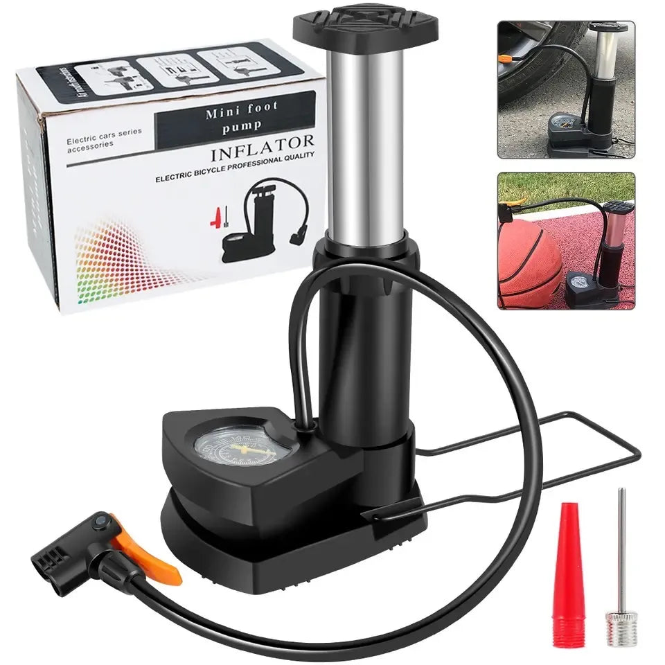 MFP-100 PRO Foot Air Pump with Pressure Gauge – Portable Manual Tire Inflator with Multi-Valve Adapters for Car, Bike, Motorcycle, Balls & Inflatables
