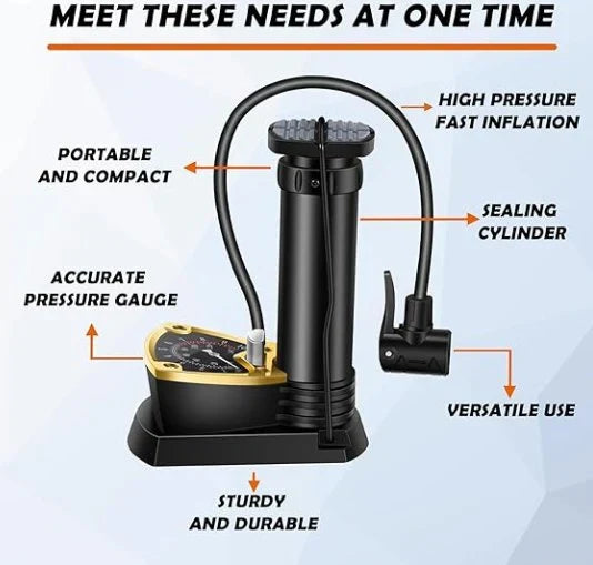 MFP-100 PRO Foot Air Pump with Pressure Gauge – Portable Manual Tire Inflator with Multi-Valve Adapters for Car, Bike, Motorcycle, Balls & Inflatables