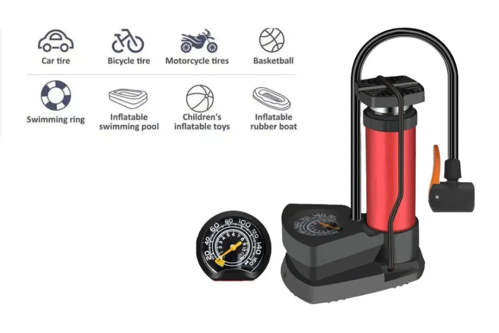 MFP-100 PRO Foot Air Pump with Pressure Gauge – Portable Manual Tire Inflator with Multi-Valve Adapters for Car, Bike, Motorcycle, Balls & Inflatables